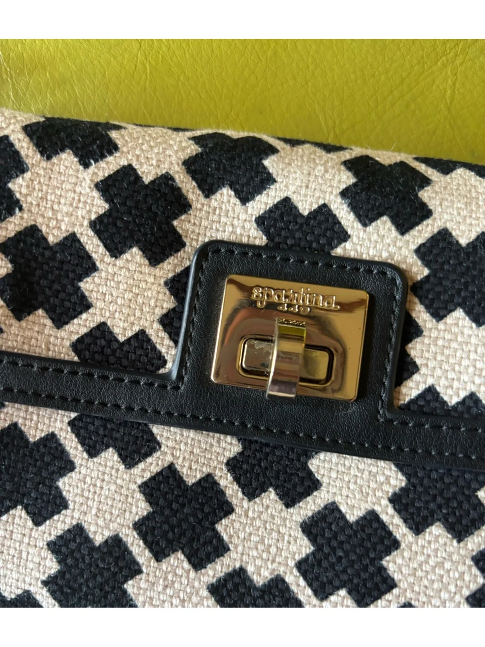 Spartina 449 Black Ivory Woven Crossbody Clutch Gold Chain Bag